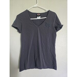 Harley Davidson‎ Skull Graphic Tee V Neck Short Sleeve Top Gray Large